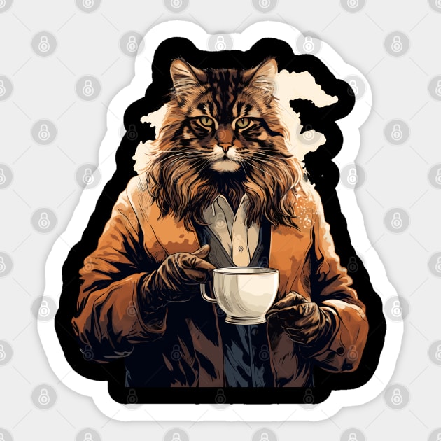 Maine Coon Cat Drinking Coffee Sticker by Graceful Designs